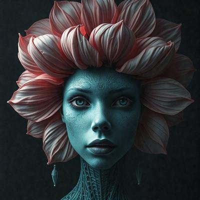 The primary subject of the image is a woman with a blue and pink floral headpiece. The setting is a dark room, and the visual style is a digital art or illustration. The colors and mood of the image are predominantly blue and pink, creating a unique and artistic atmosphere.